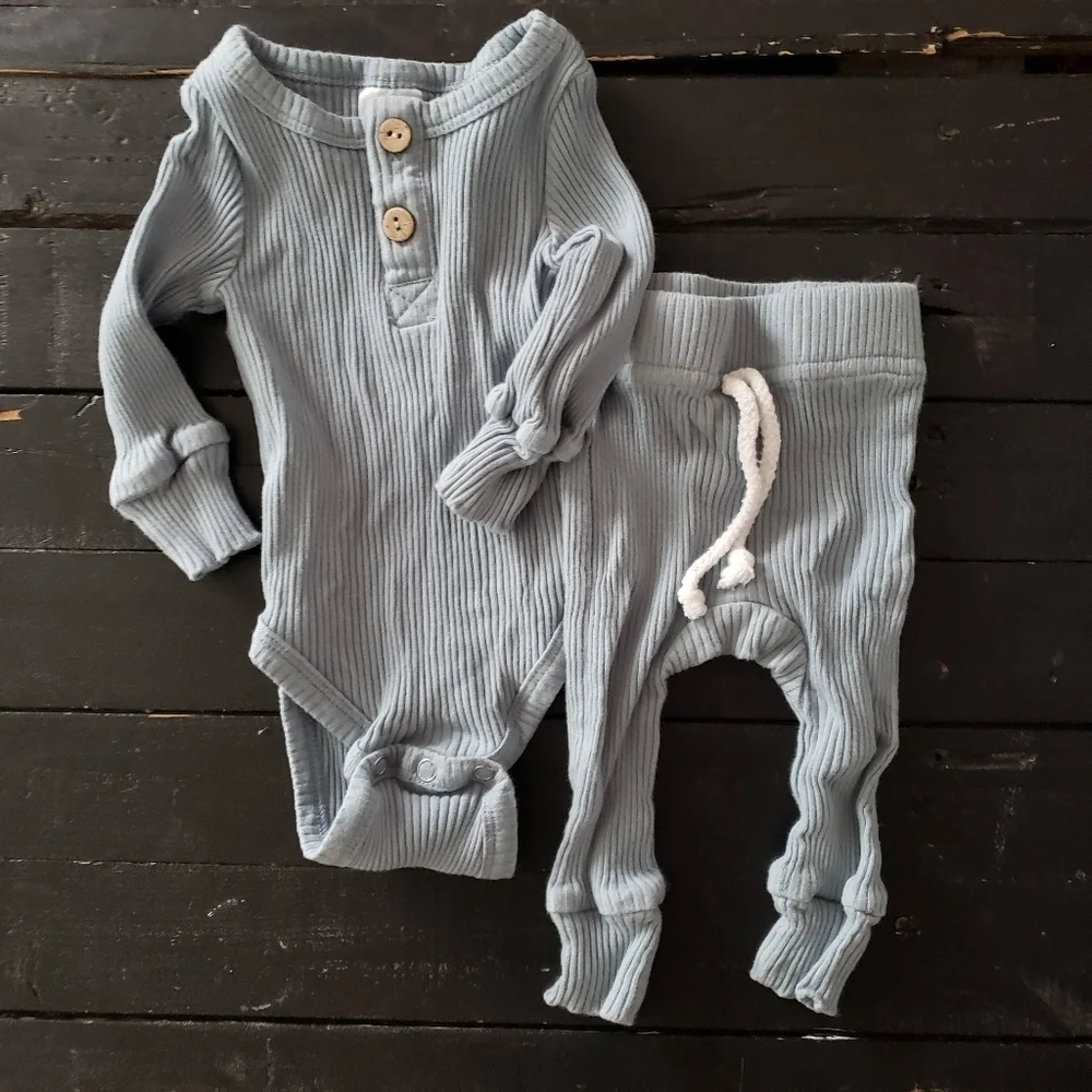 Little One Shop Baby Boy 3 Months Light Blue Ribbed Outfit Two Piece Top Pants